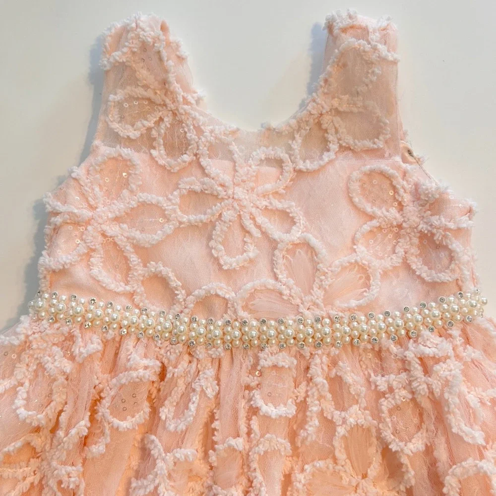 American Princess Pink Floral Pearl Rhinestone Waist Sleeveless Dress‎ 4 Kids